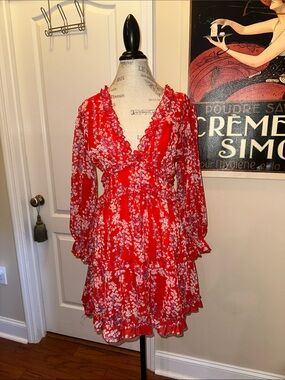 Champs Red and White Floral V-Neck Long Sleeve Tiered Dress